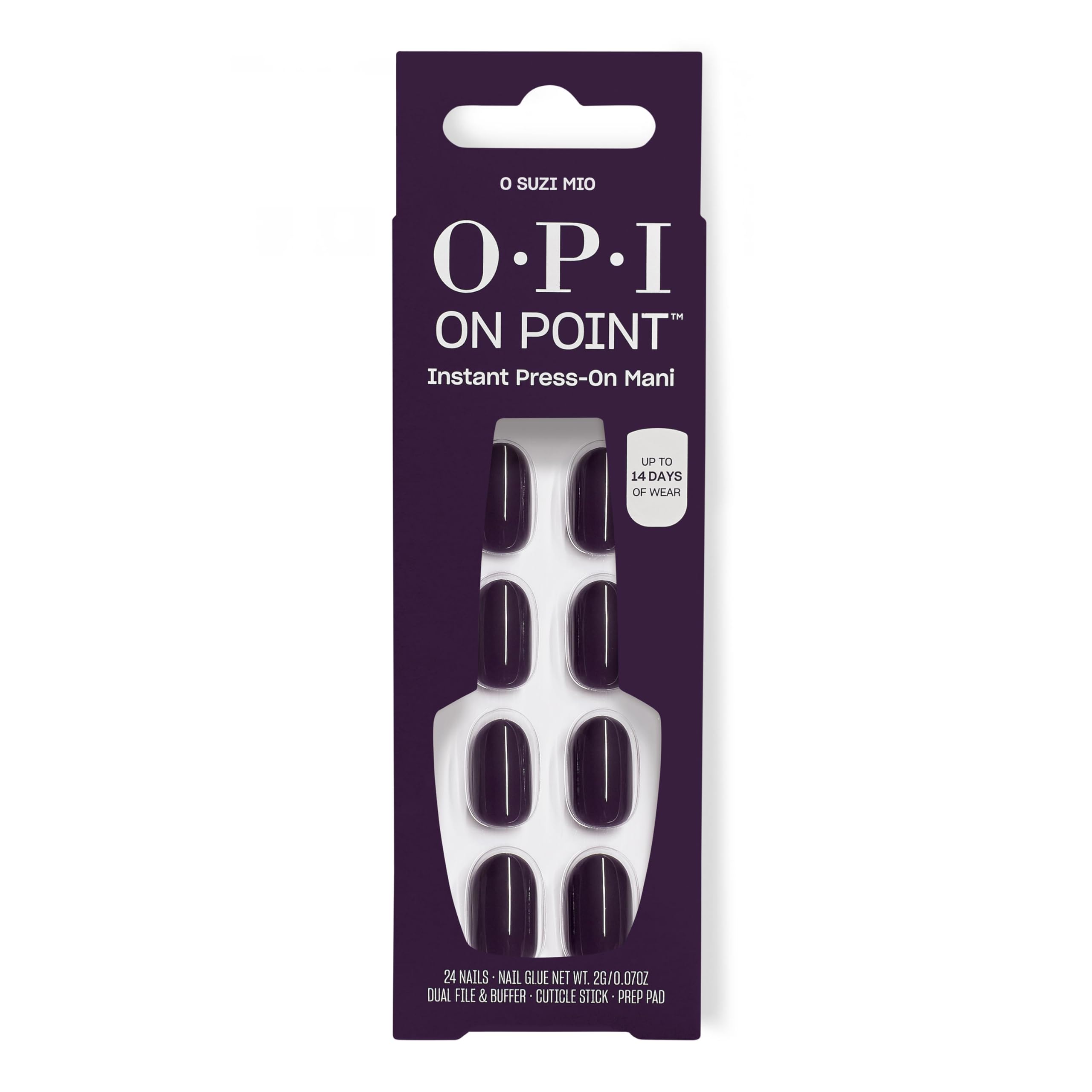 OPI front packaging showing O Suzi Mio nails and included glue for easy application