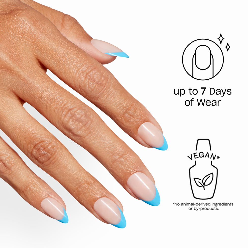 OPI close-up of glossy blue French tips highlighting precise color and salon shine