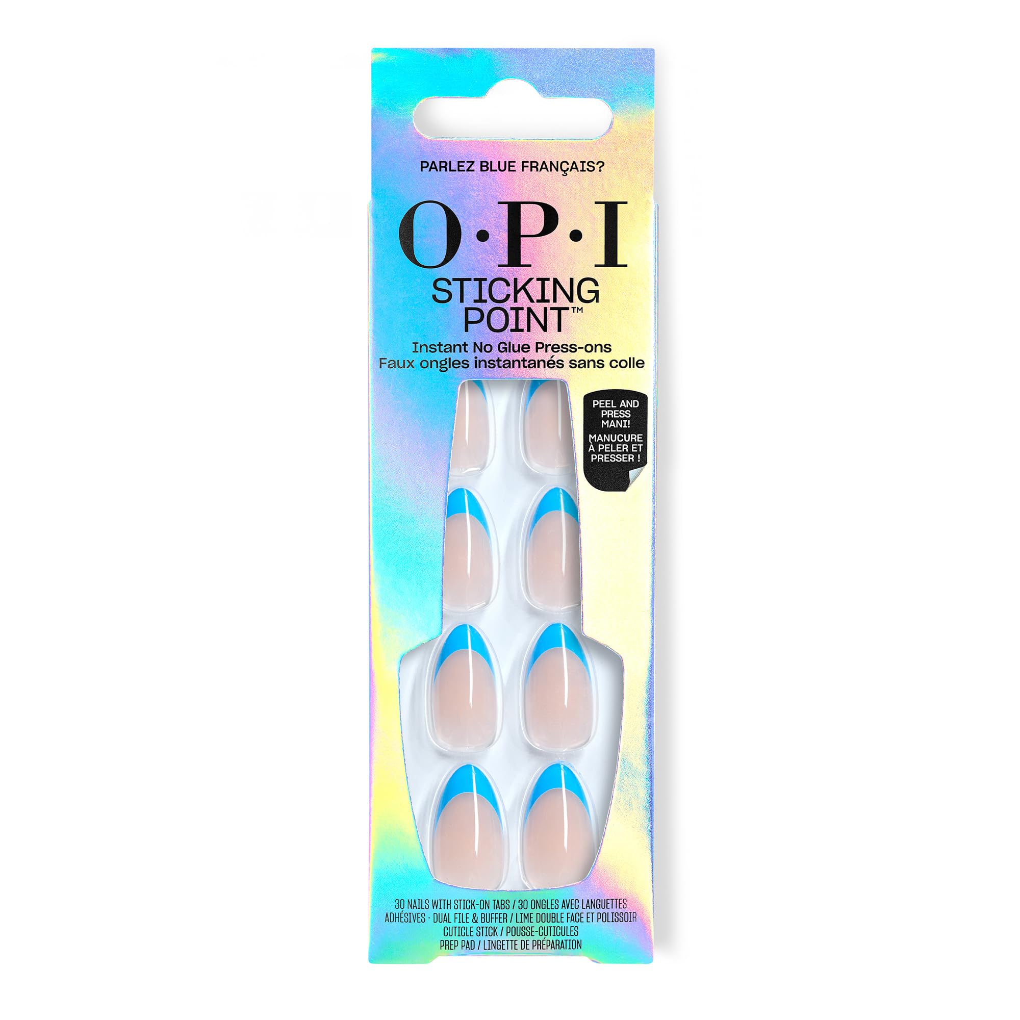 OPI front view packaging showing blue French tip press-on nails and 30-count clarity benefit