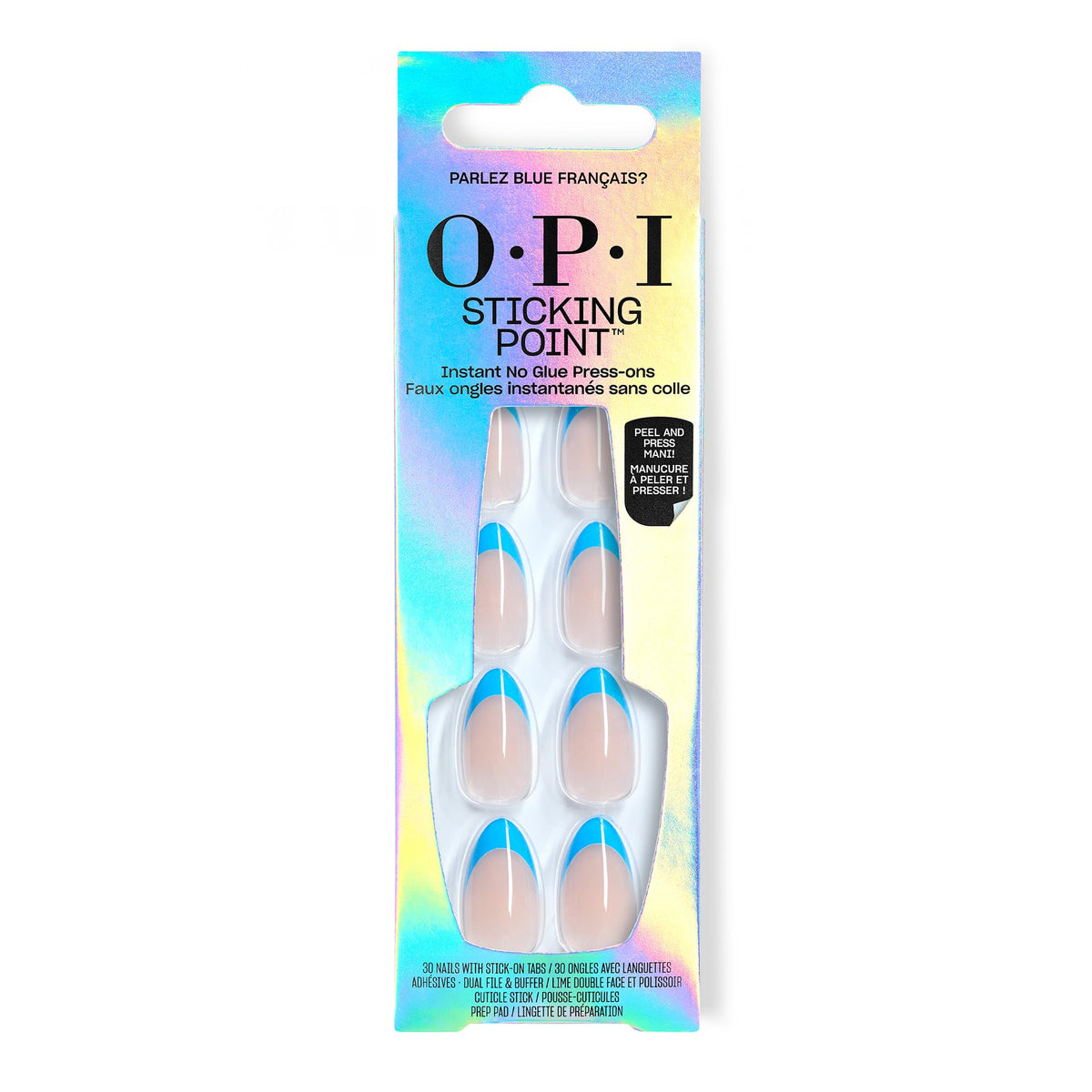 OPI front view packaging showing blue French tip press-on nails and 30-count clarity benefit