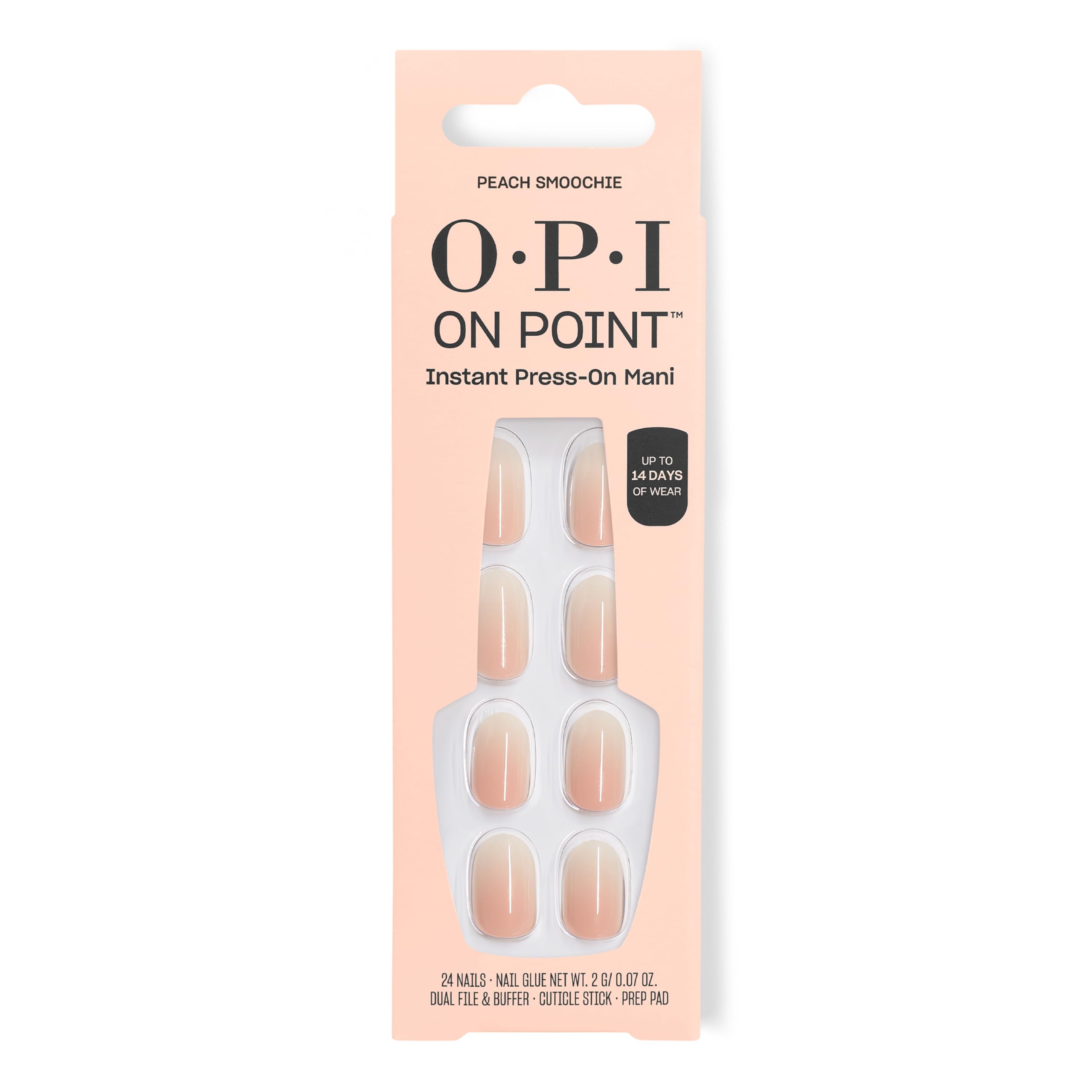 OPI Peach Smoochie front packaging showing 24-count set and glue, conveys convenience