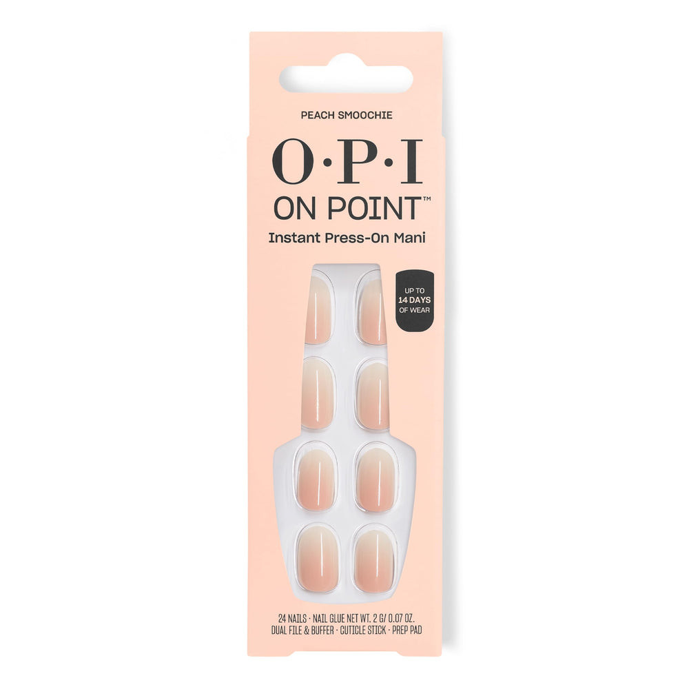 OPI Peach Smoochie front packaging showing 24-count set and glue, conveys convenience