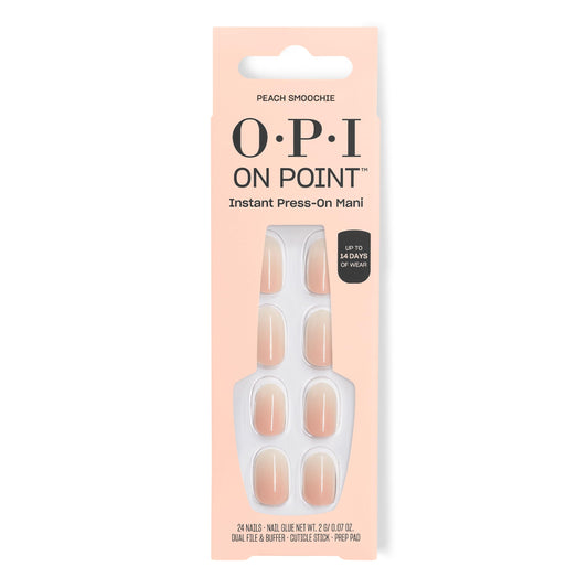 OPI Peach Smoochie front packaging showing 24-count set and glue, conveys convenience