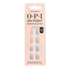 OPI Peach Smoochie front packaging showing 24-count set and glue, conveys convenience