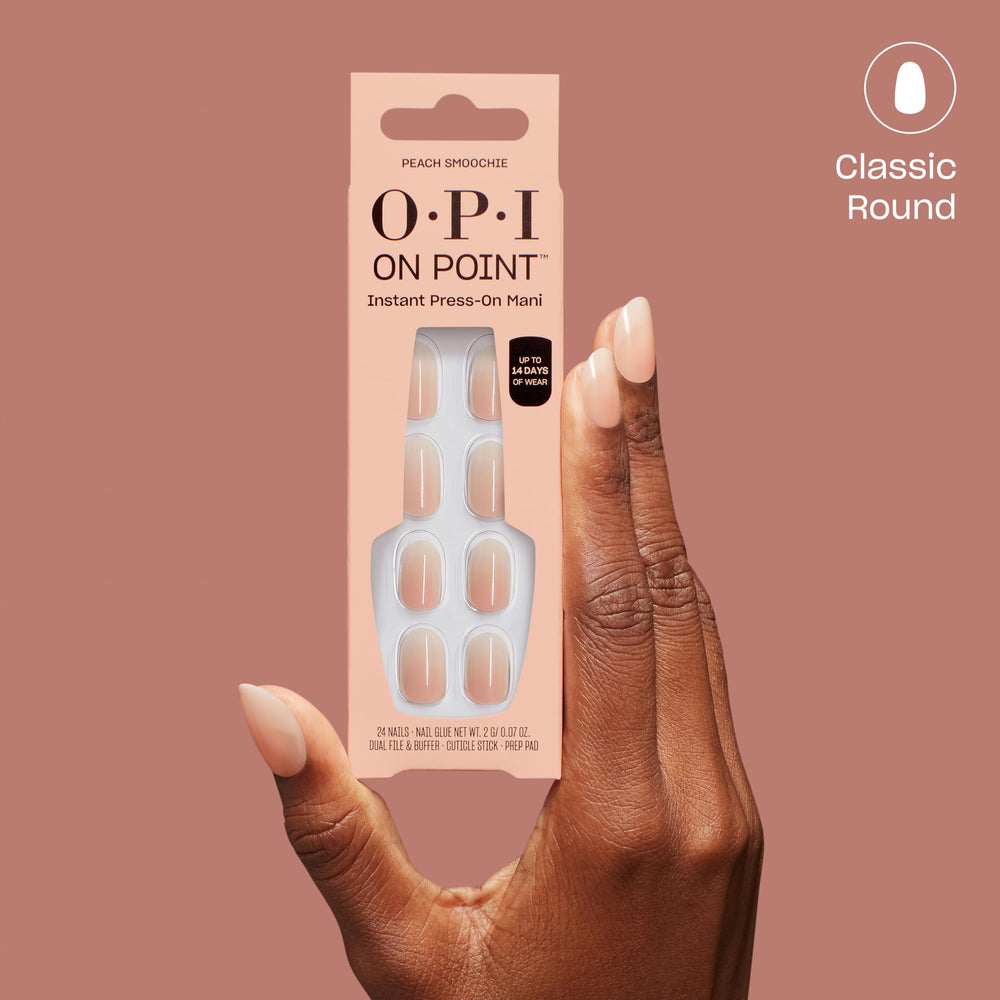 OPI Peach Smoochie stacked tips stored flat after wear, indicating easy reuse