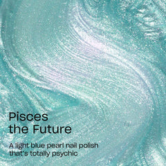 Swatch of OPI Pisces the Future on skin showing sheer blue pearl effect