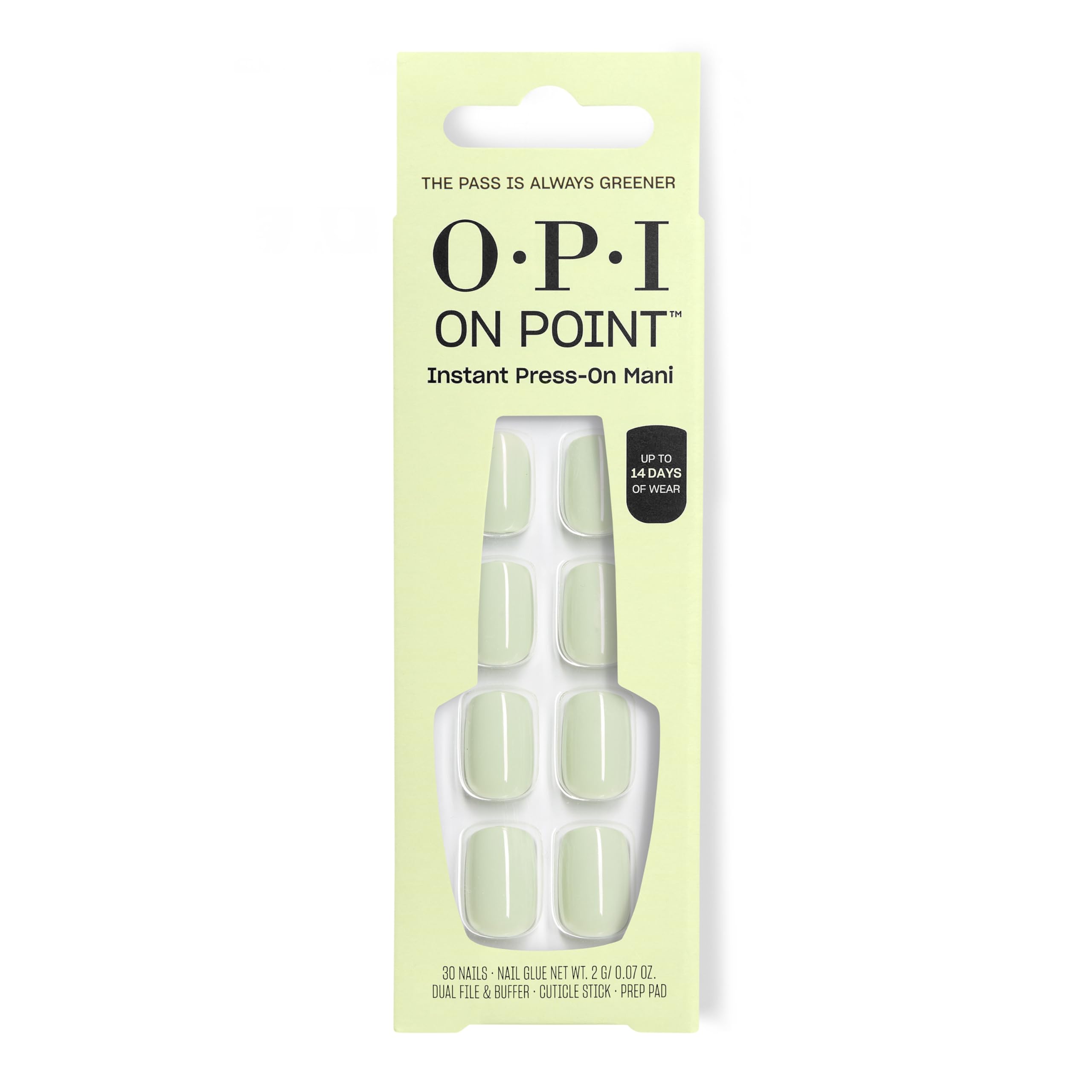 OPI bright green press-on front packaging showing full set benefit