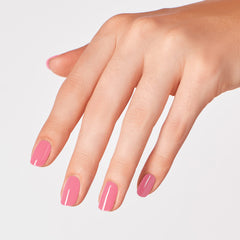 OPI bottle label closeup highlighting Racing for Pinks pigment and formula benefit