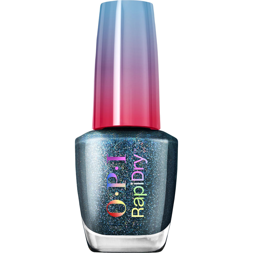 OPI bottle front view showing All Dry n’ Mighty blue shimmer, fast-drying benefit