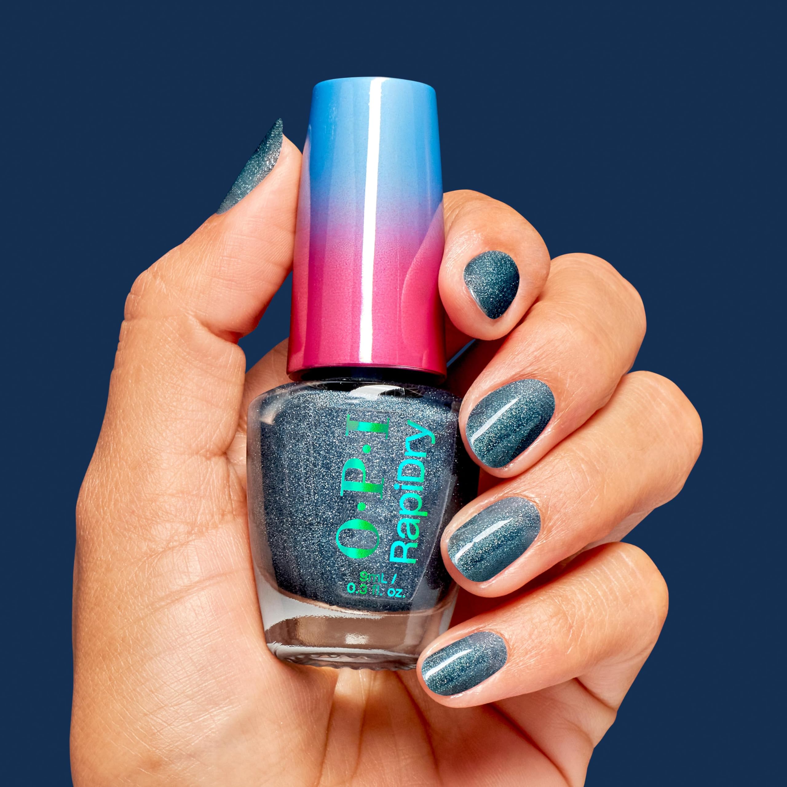 OPI color swatch wheel with All Dry n’ Mighty showing sheer shimmer and wear