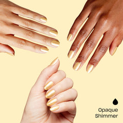 OPI polished fingernails in bright gold shimmer showcasing fast-dry look