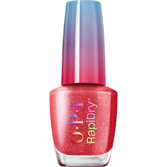 OPI RapiDry Fuego front bottle showing bold red shimmer and glossy finish benefit