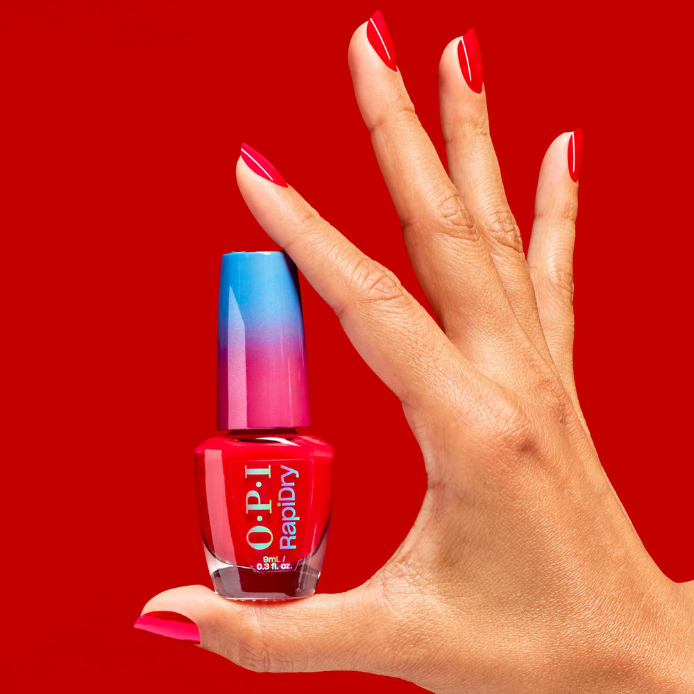 OPI painted nails in use demonstrating quick-dry benefit and no-smudge finish