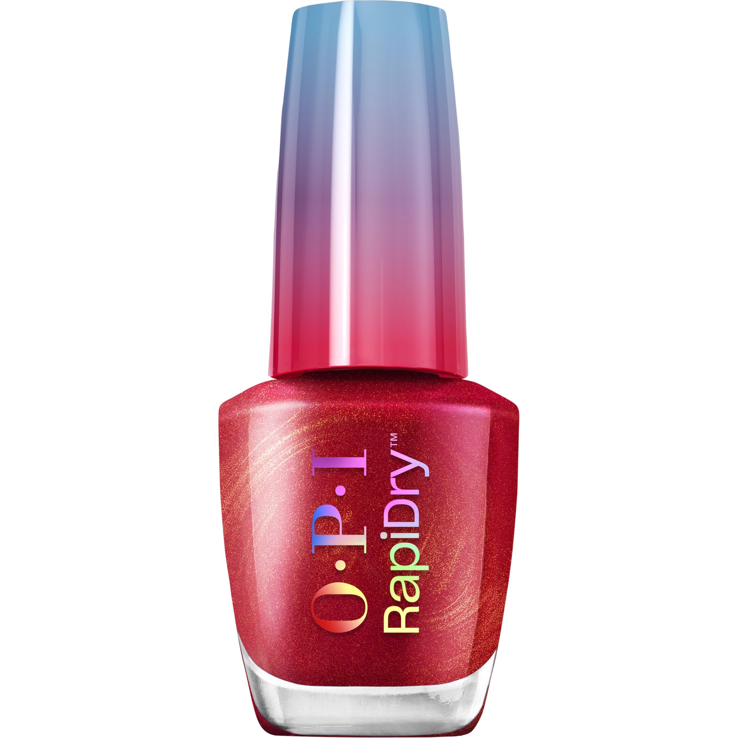OPI bottle front packaging showing warm red shimmer and quick-dry benefit