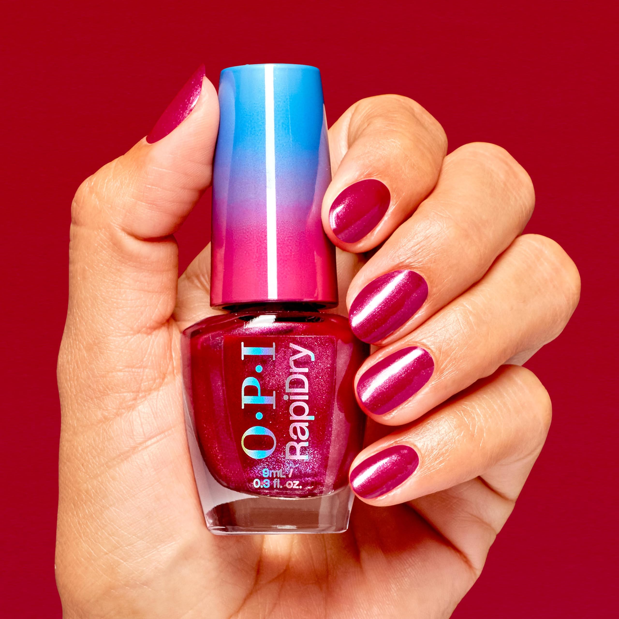 OPI RapiDry texture close-up highlighting bright red shimmer and glossy finish