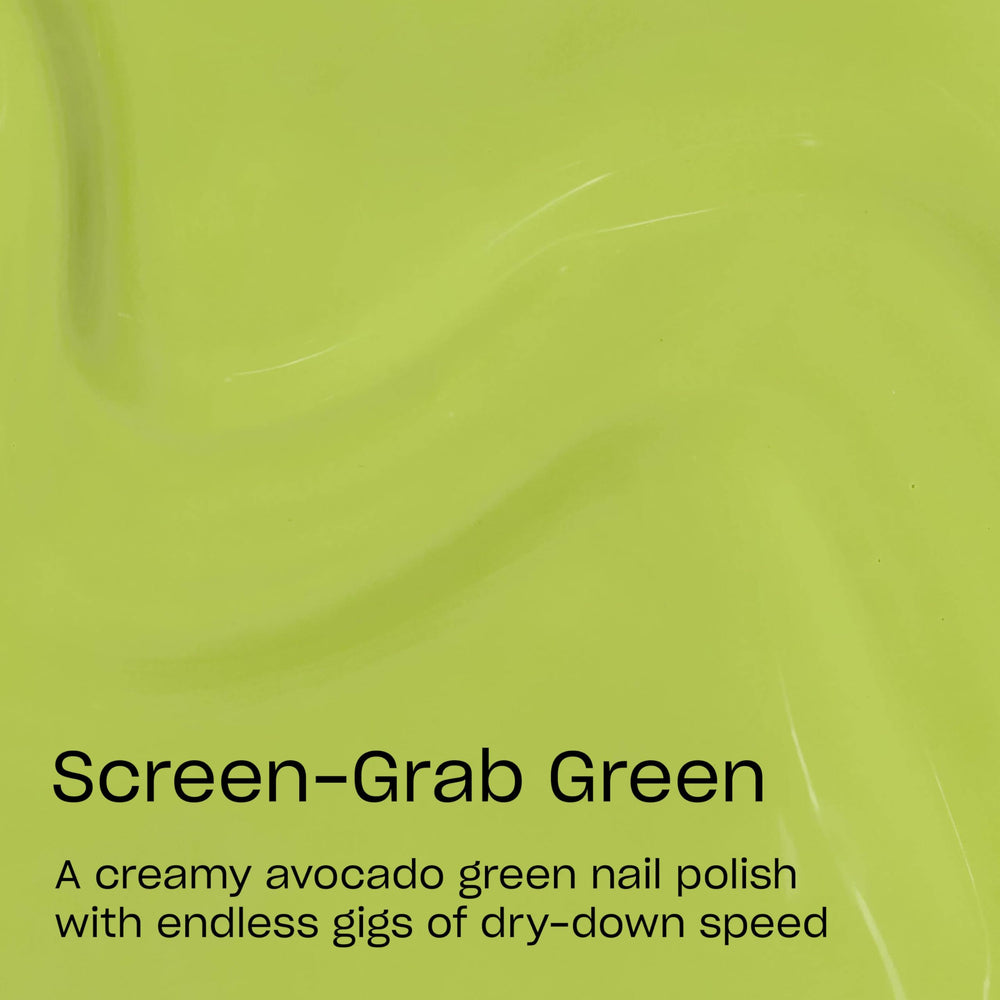 Fingernails painted Screen-Grab Green swatch showing opaque color payoff benefit