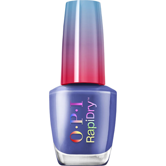 OPI bottle front view showing dark blue crème and glossy finish benefit
