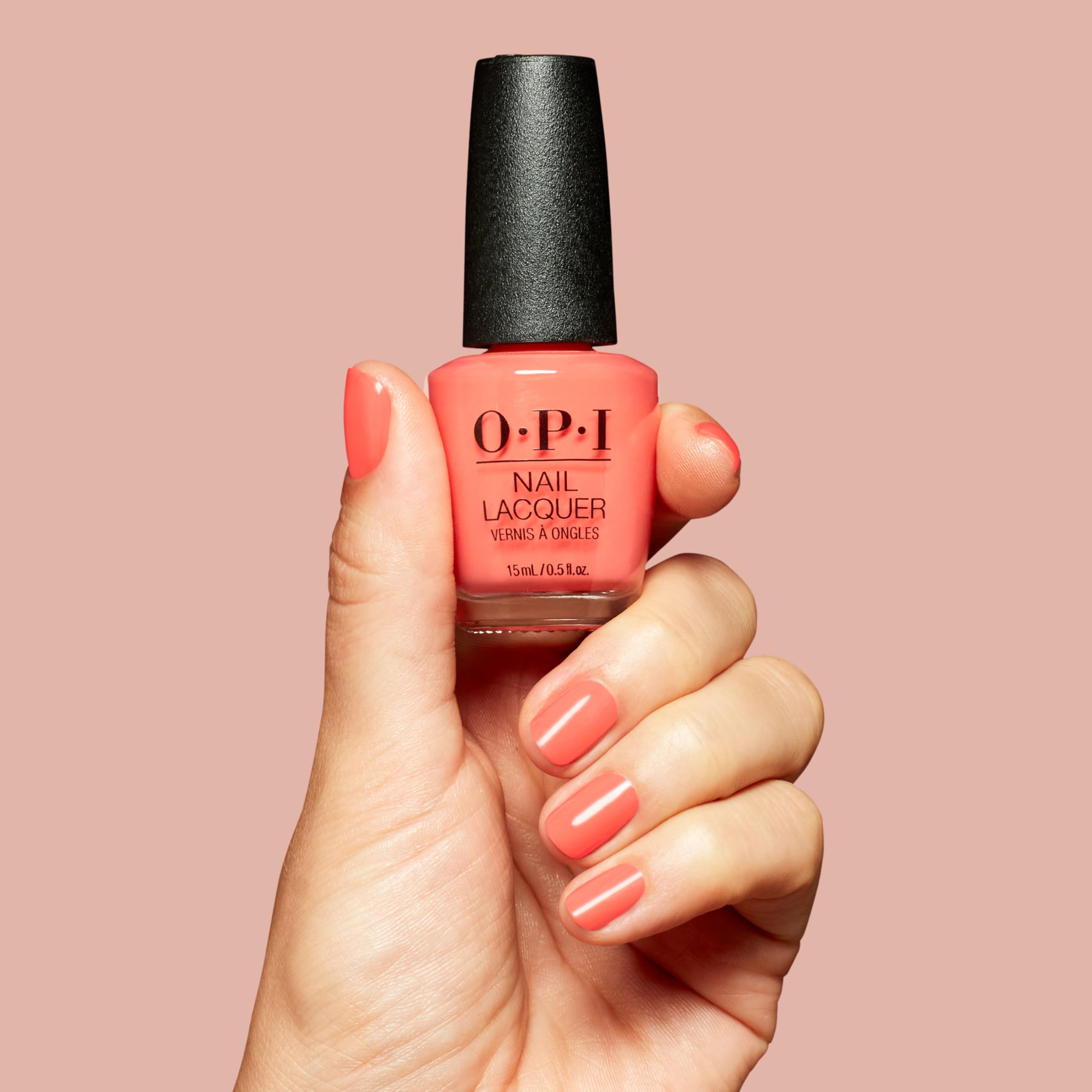 OPI nail with top coat showing Shrimp Cocktail high-shine protection