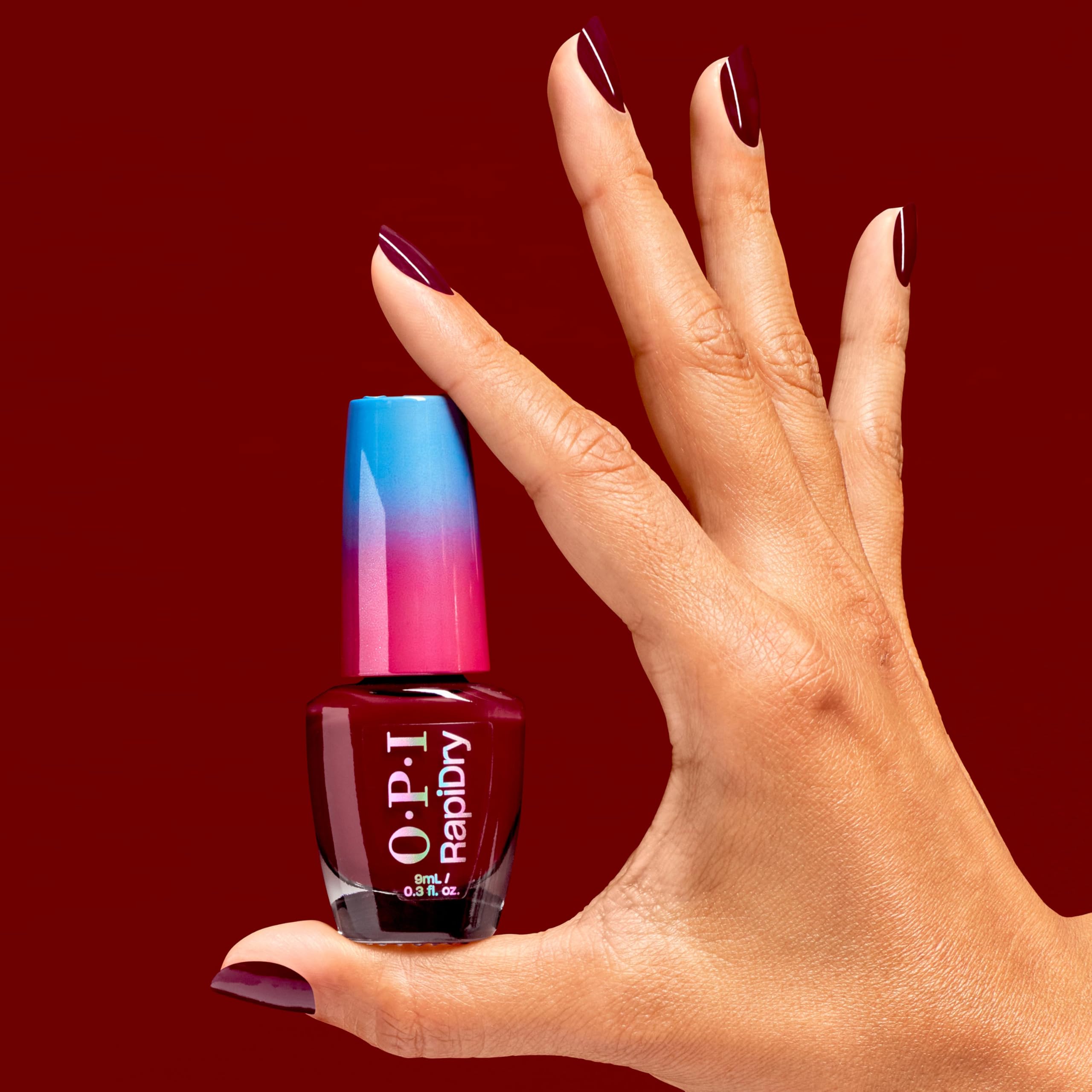 OPI bottle label detail showing vegan claim and recycled-cap benefit