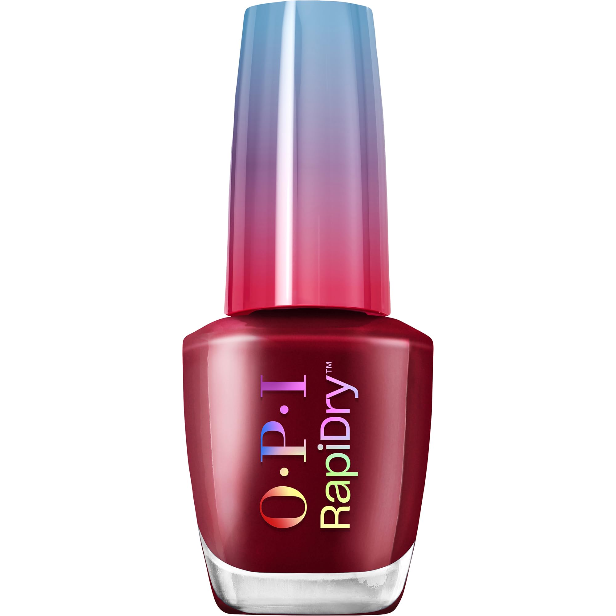 OPI bottle front packaging showing deep red tone and quick-dry benefit