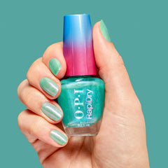 OPI Speed of Bright swatch on fingertips demonstrating semi-sheer blue shimmer