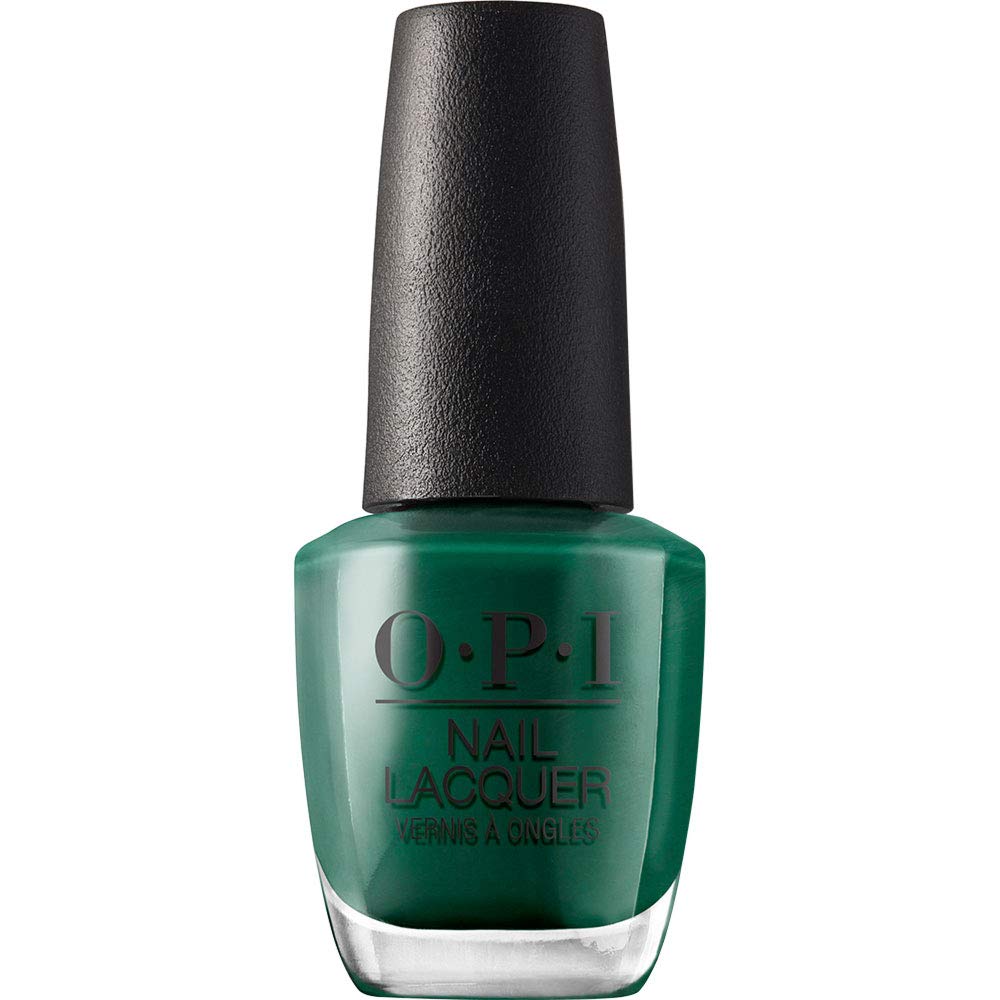 OPI bottle front view showcasing deep green color and glossy finish