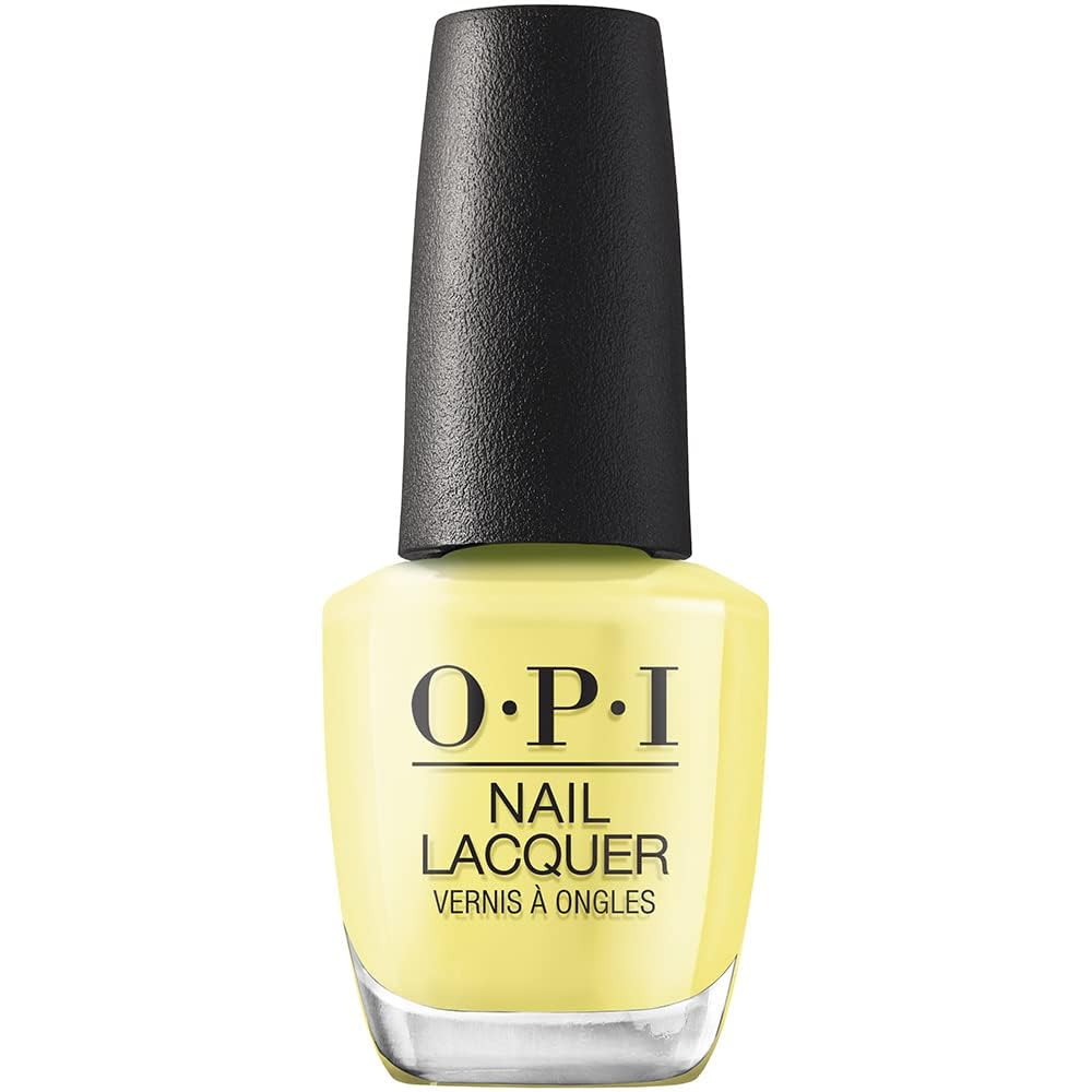 OPI front bottle view showing vivid yellow crème and glossy finish benefit