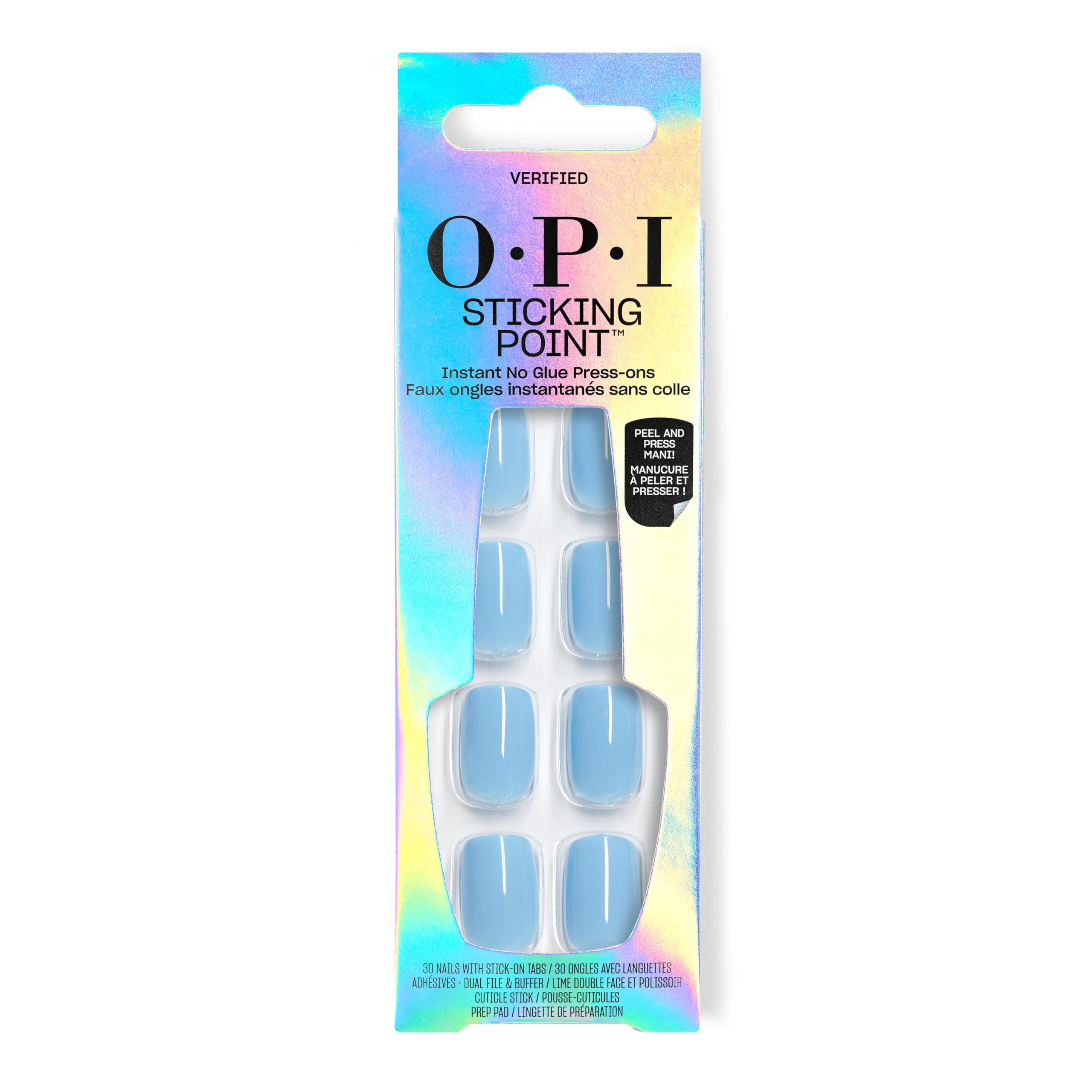 OPI front packaging showing Verified baby blue press-on nails and contents benefit quick use