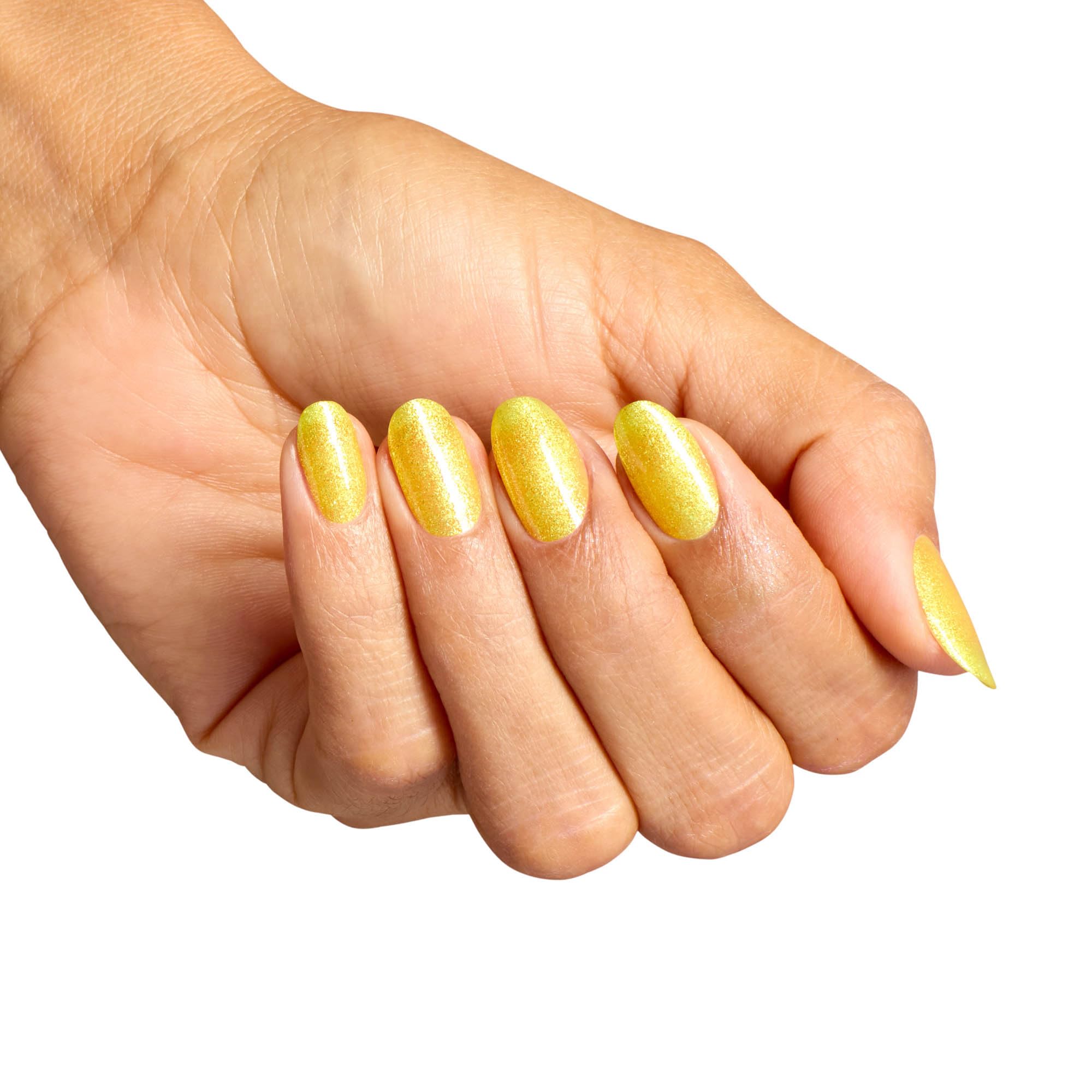 OPI nail-wheel swatches demonstrating opaque lemon coverage and shimmer
