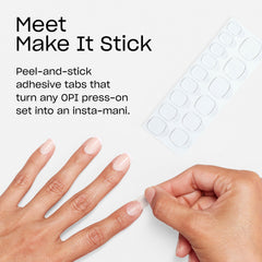 OPI hand applying a press-on with a tab showing fast mess-free application benefit