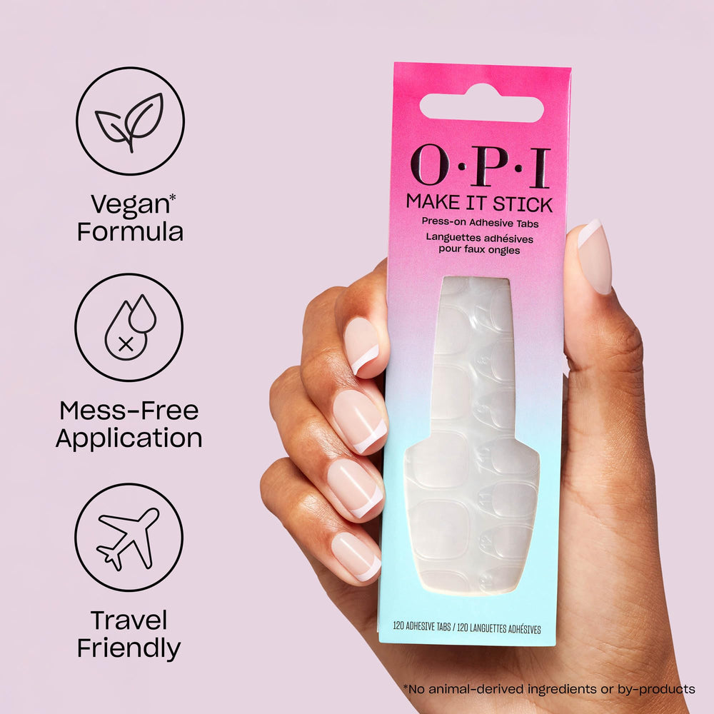 OPI close-up of a tab being peeled showing precise peel-and-stick benefit