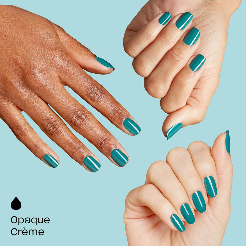 Hand wearing OPI teal polish while pulling on winter gloves showing smudge-free benefit