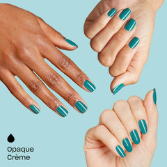 Hand wearing OPI teal polish while pulling on winter gloves showing smudge-free benefit