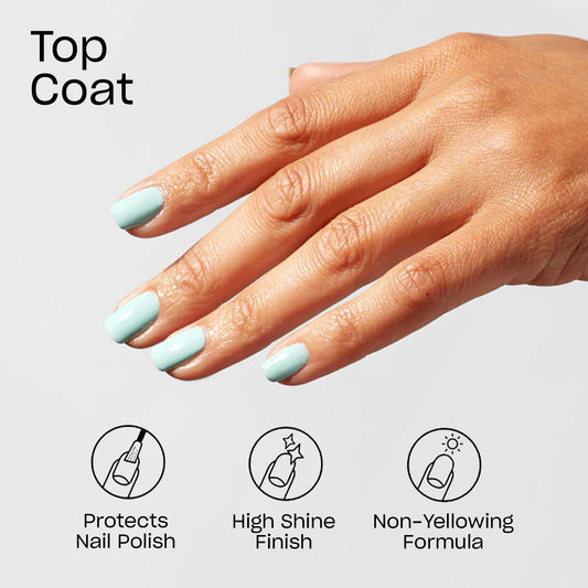OPI top coat brush detail hovering above nail, offers smooth even coverage