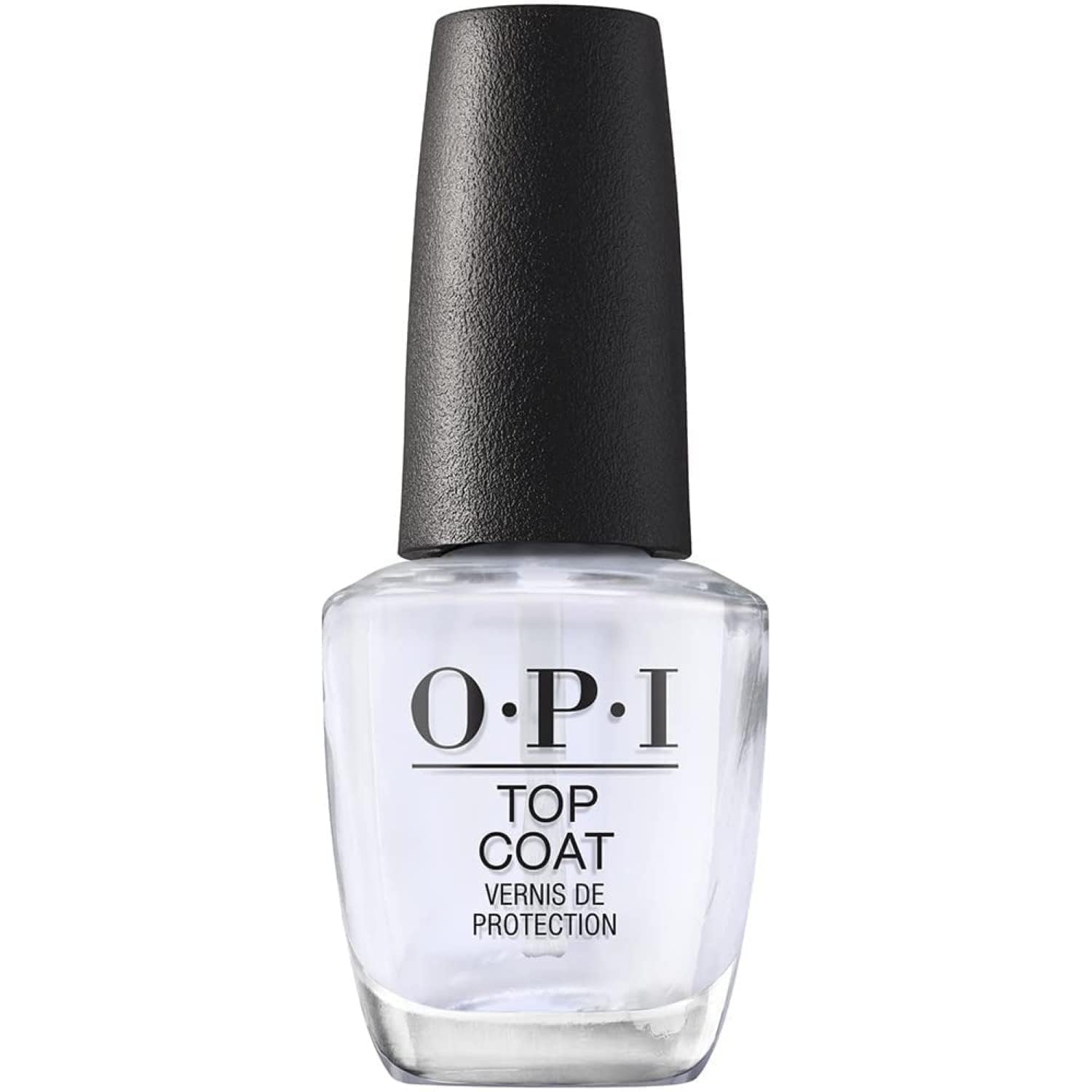 OPI top coat front packaging showing clear bottle and label, protects polish