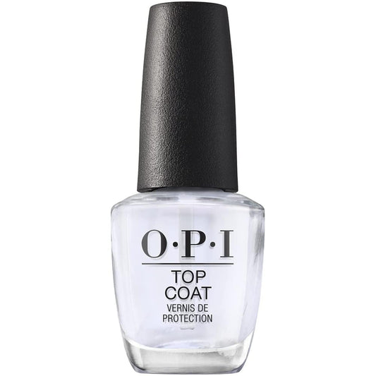 OPI top coat front packaging showing clear bottle and label, protects polish