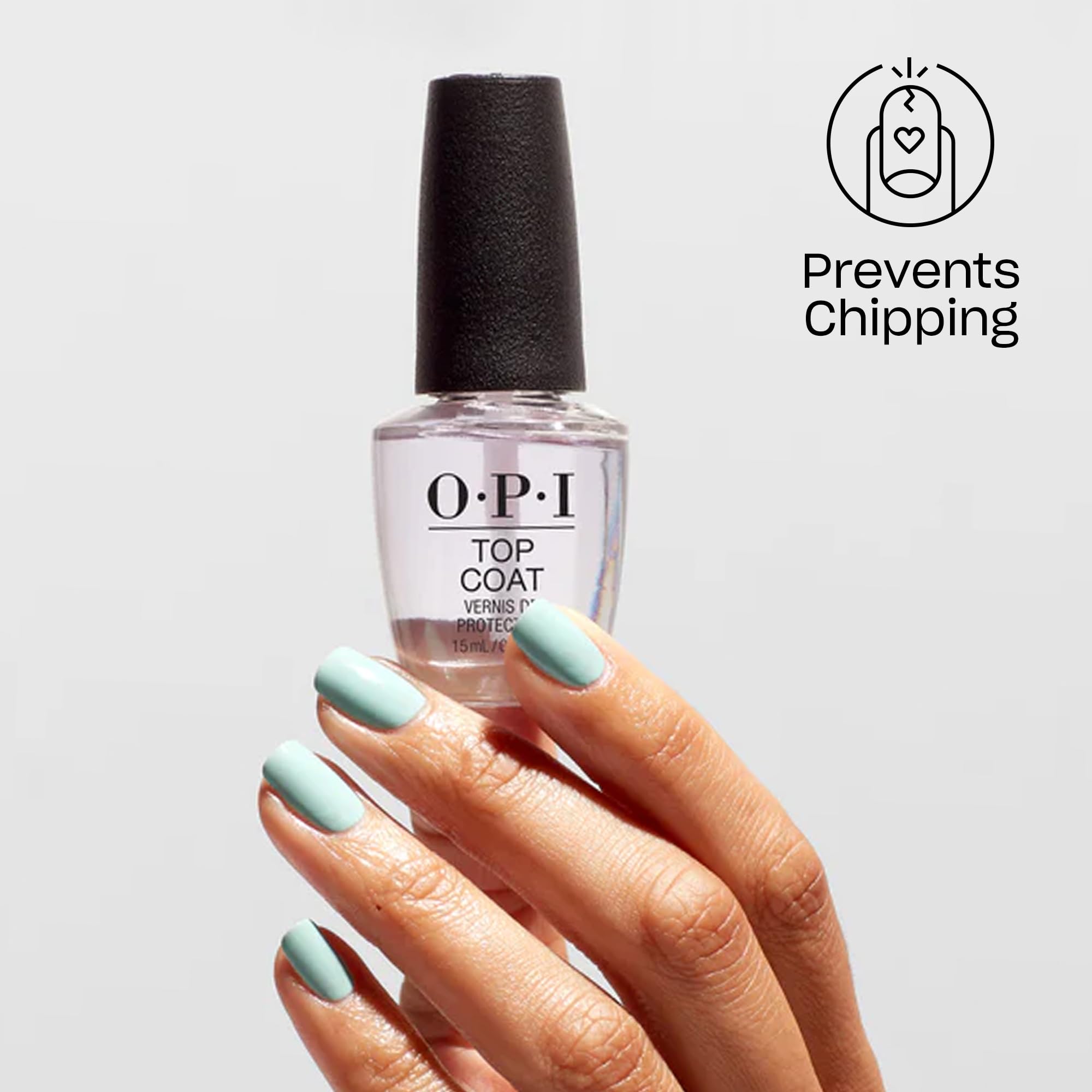 OPI top coat on vanity with polish bottles, completes salon-quality look