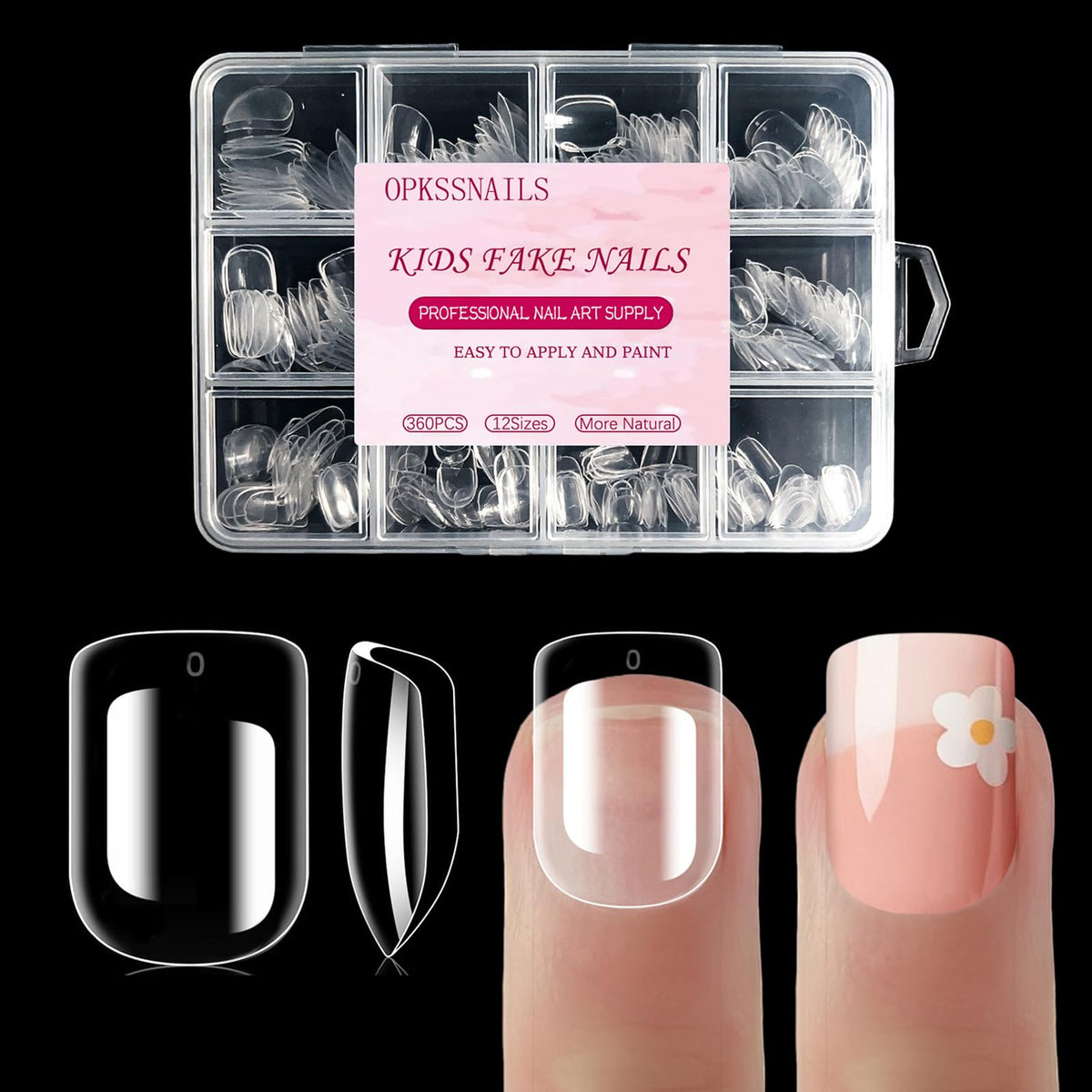 OPkssnails front packaging showing 360 clear nail tips and quantity benefit