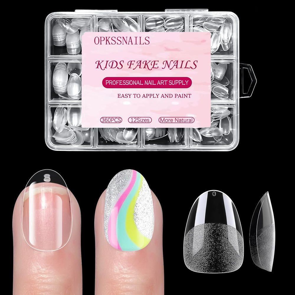 OPkssnails front packaging showing clear 360-piece kid nail set and neat presentation