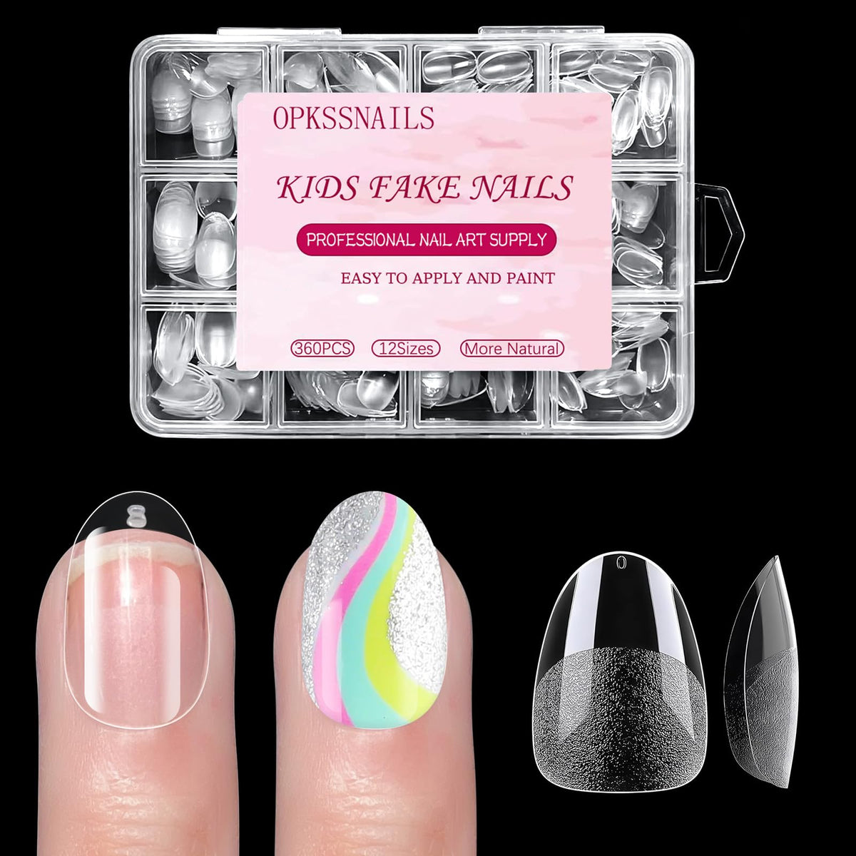 OPkssnails front packaging showing clear 360-piece kid nail set and neat presentation