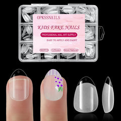 OPkssnails front packaging showing 360-piece kid nail tips for easy storage