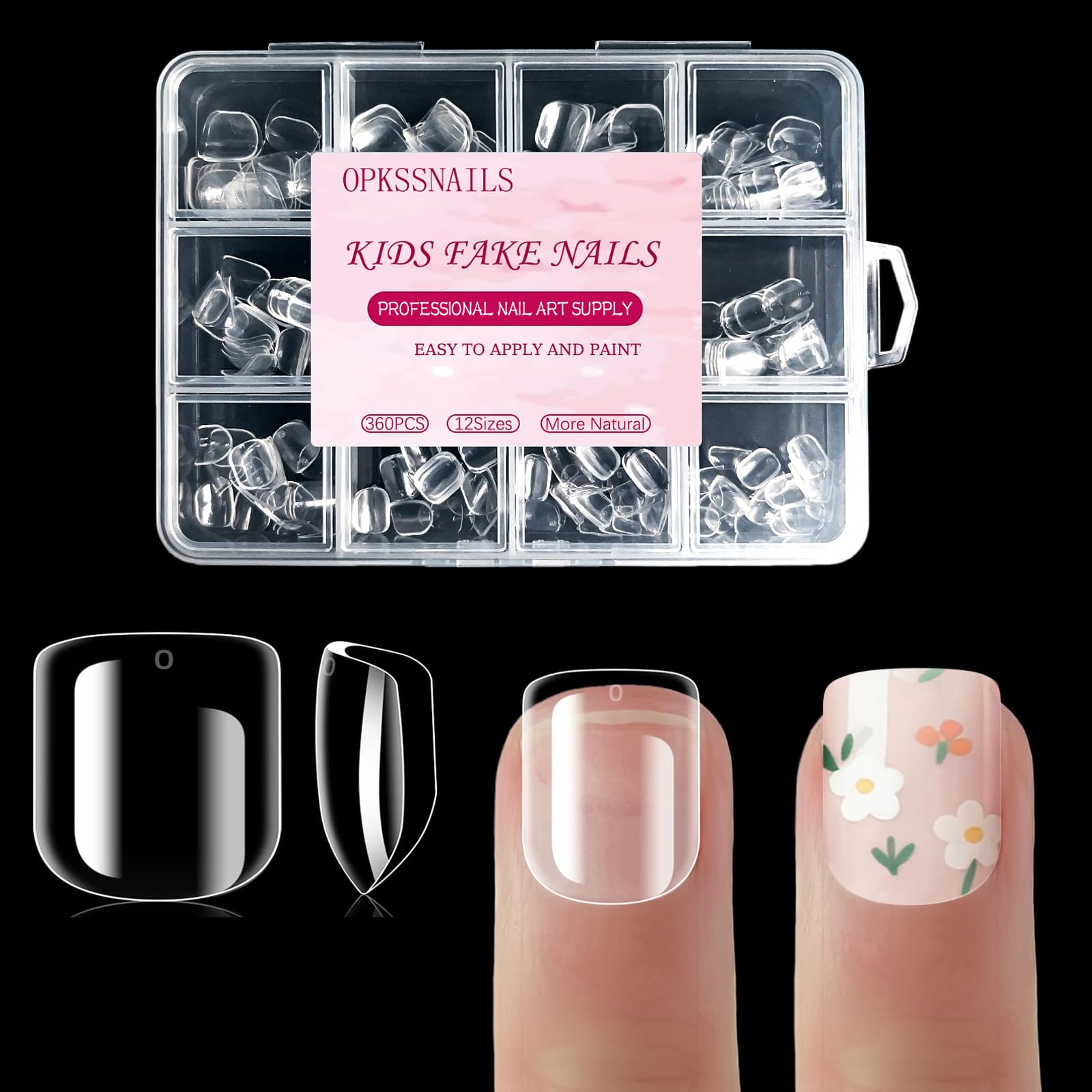 OPkssnails front packaging showing 360-piece kids nail kit and contents benefit quick selection