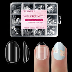 OPkssnails front packaging showing 360 clear kid nail tips and benefits