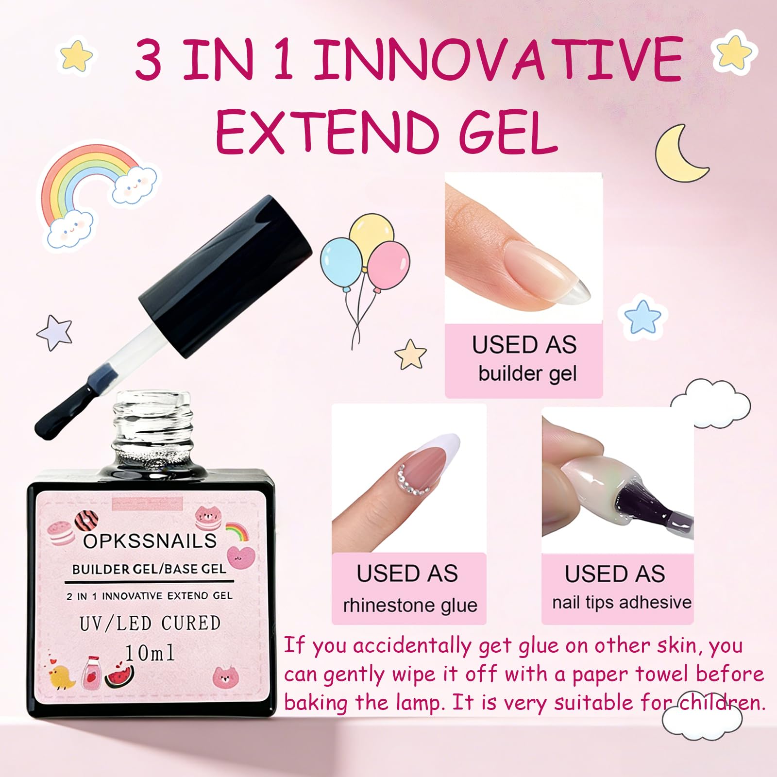 OPkssnails glue bottle and nail file detail demonstrating safe application and shaping advantage