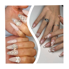 OPMADM silver charm placed on gel nail demonstrating polished finished look