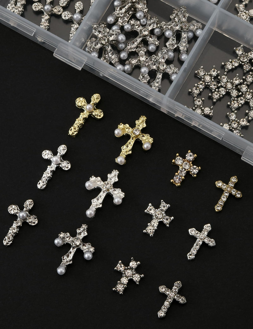 OPMADM close-up of rhinestone cross charm showing sparkle and detail