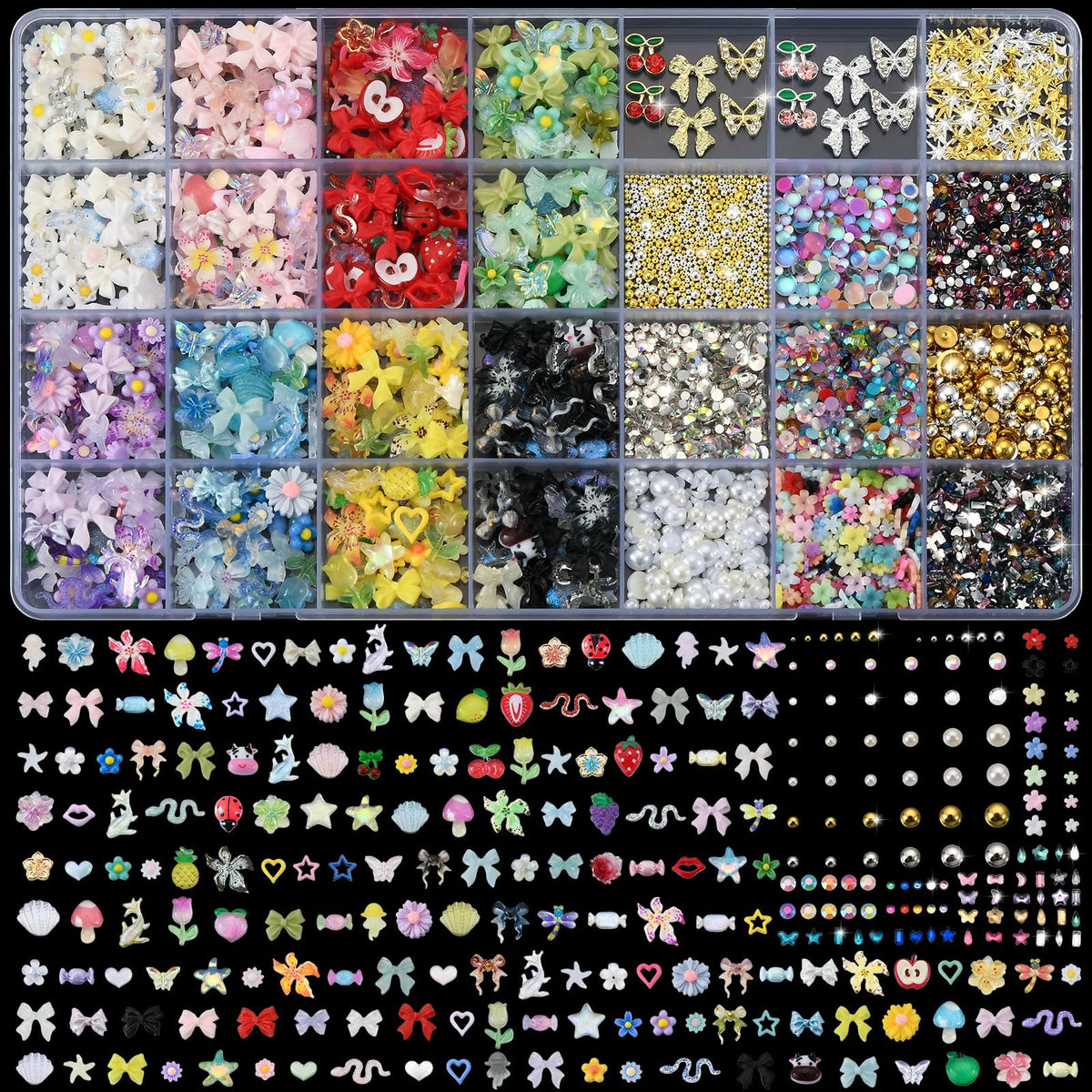 OPMADM front packaging showing 9000-piece nail charms kit with neat organizer