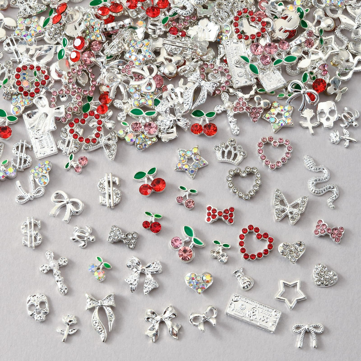 OPMADM front packaging showing 100-piece silver nail charms and variety benefit