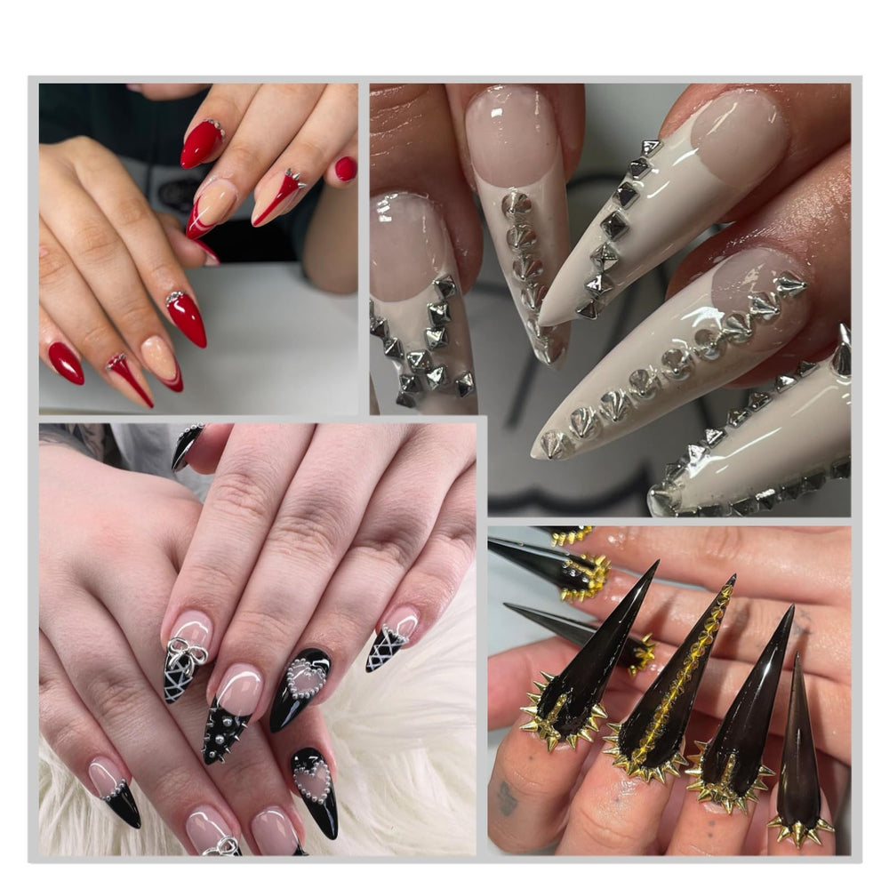 OPMADM studs applied on a goth manicure creating bold, festival-ready nail accents