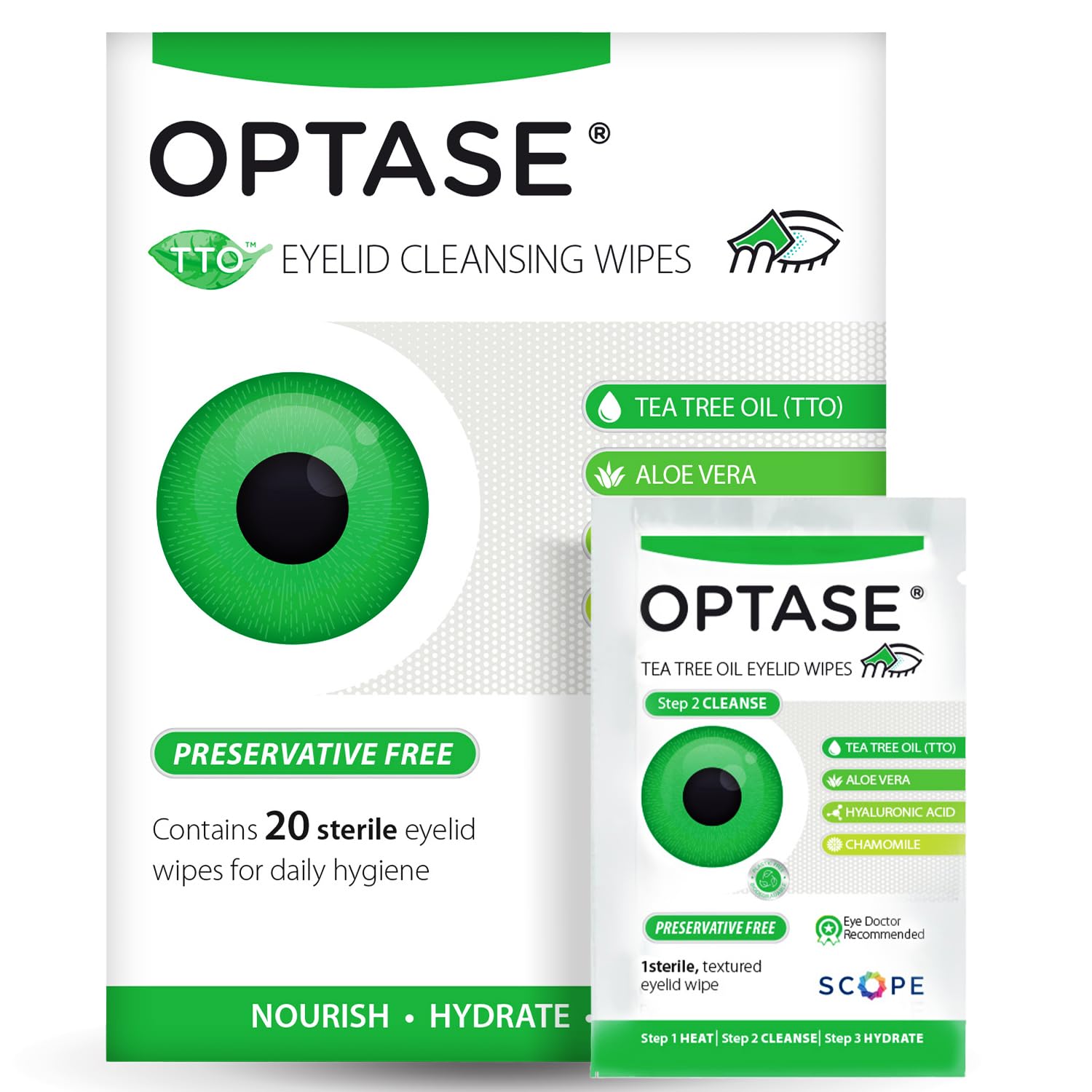 Optase front packaging showing 20-count pack and branding benefit convenience
